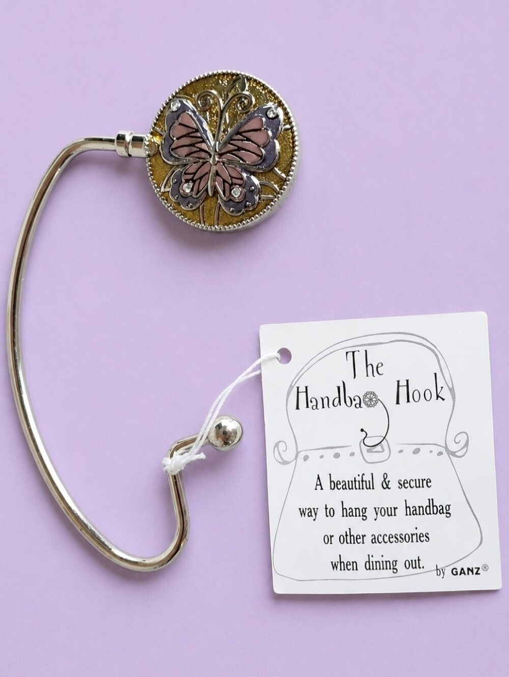 Enameled Butterfly GANZ Brand Silver Tone Chrome Purse Holder NWT Gold Lavender